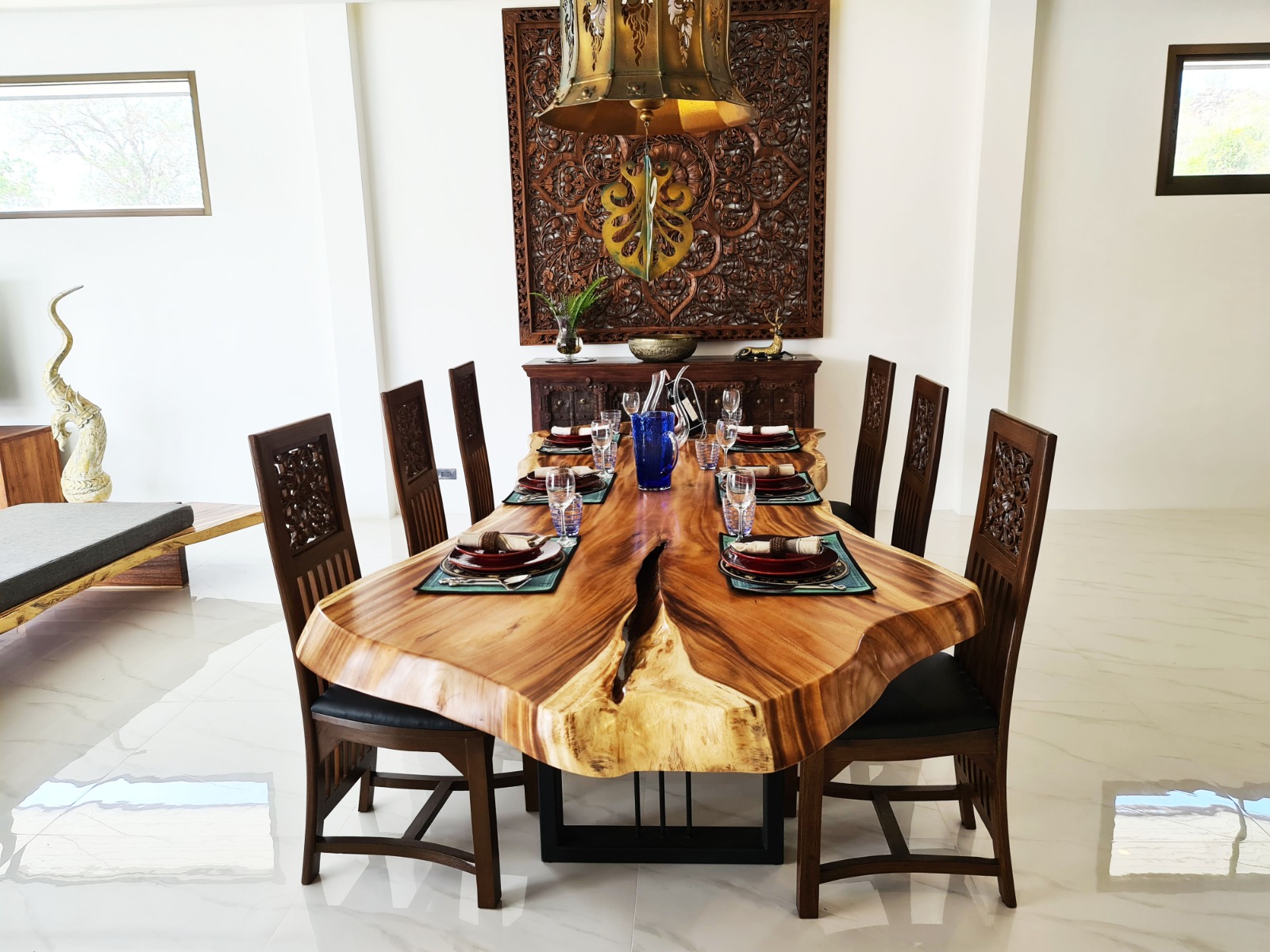 Dining table with natural wood and handcrafted details