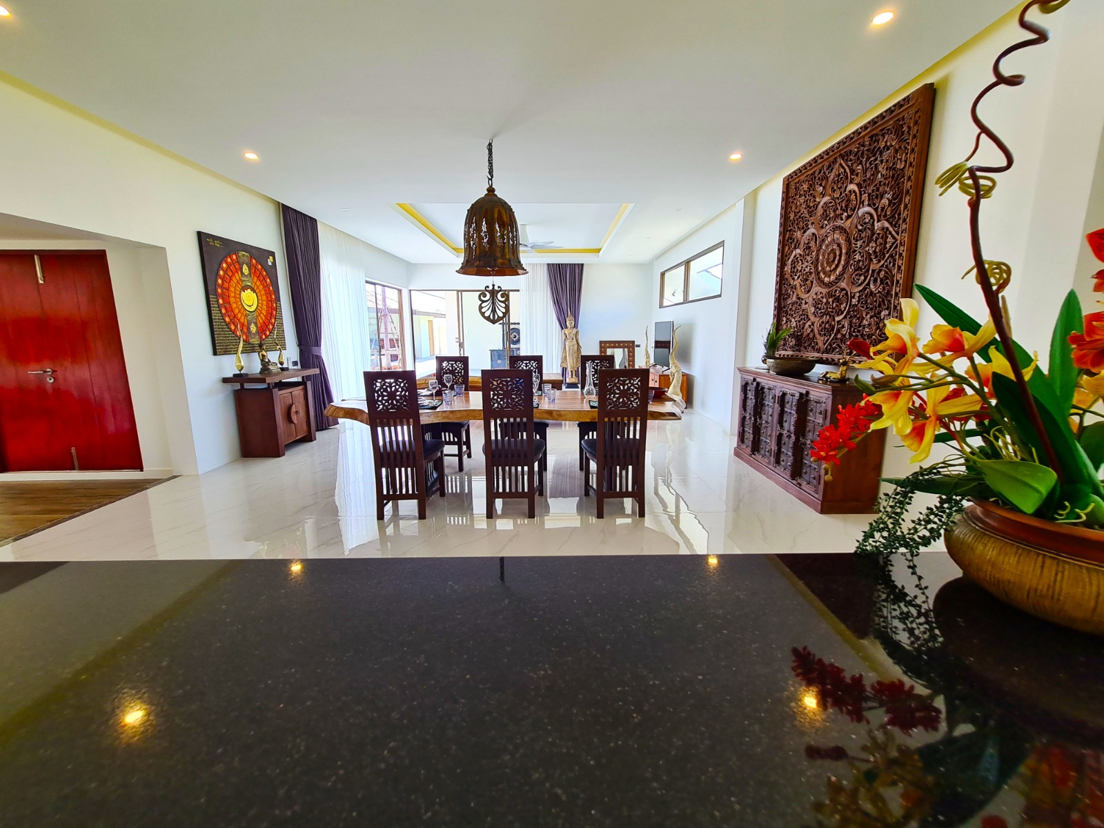Living and dining space viewed from the kitchen counter