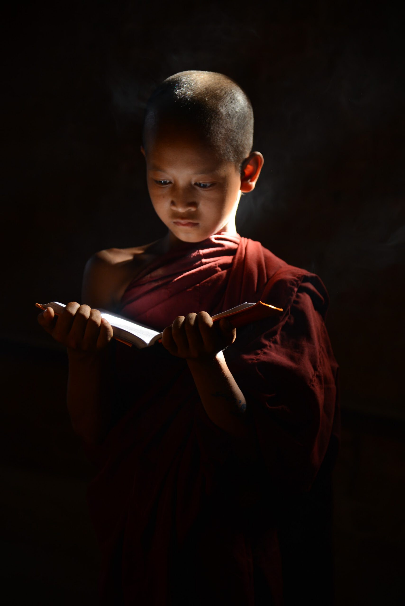 Young monk reading in warm light